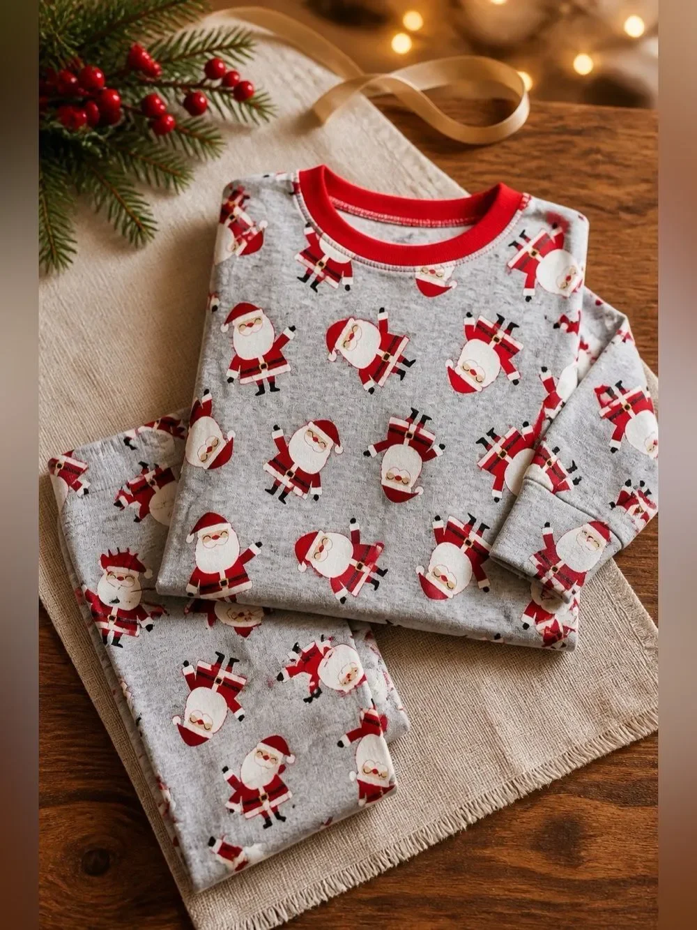 Gray Santa Print Kids Pajamas 12m NWT